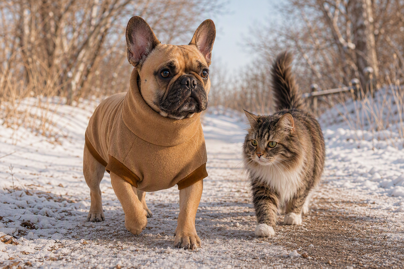 French Bulldog wearing a fleece winter jumper on a cold-weather walk with a cat beside it.