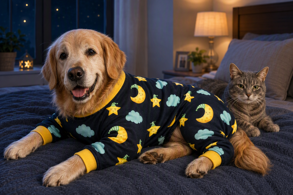 Senior dog wearing warm pajamas on a cozy bed while a cat rests nearby in a cool bedroom.