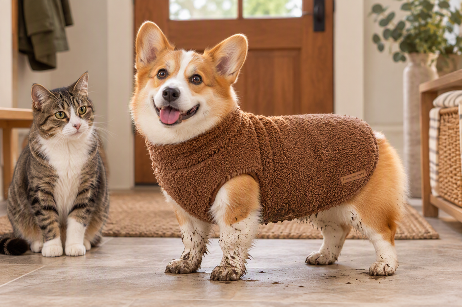 A Corgi wearing a mud-splattered dog sweater in a home entryway while a cat sits nearby.