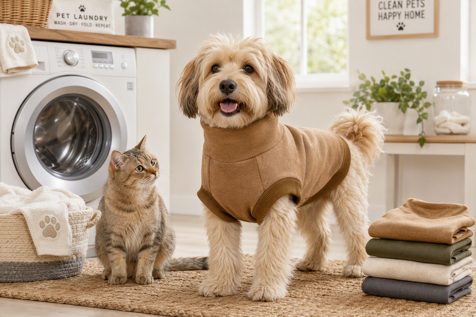 Dog wearing a fleece sweater beside a cat in a bright laundry room, with folded pet clothes nearby.