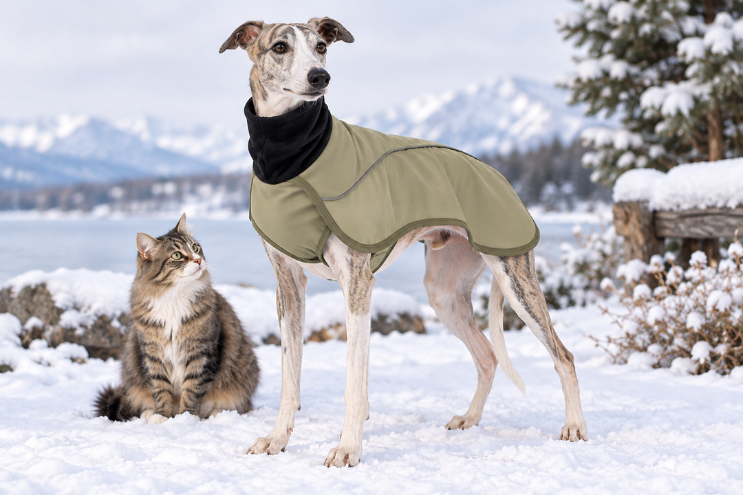 Whippet wearing a winter coat outdoors beside a curious cat on a cool morning