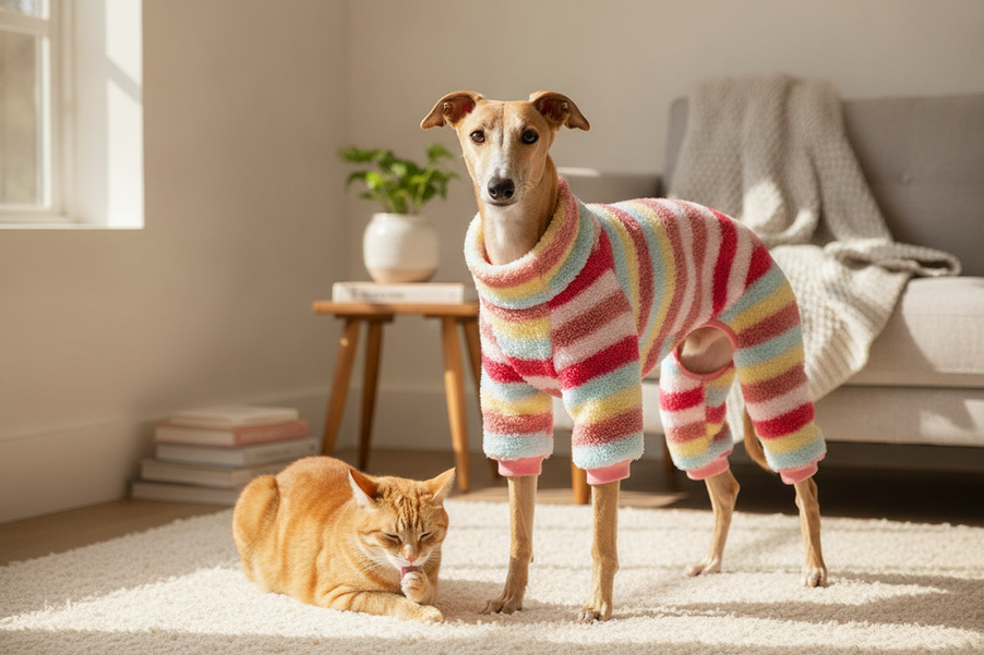 A Whippet wearing cozy dog pajamas beside a relaxed cat in a warm home setting