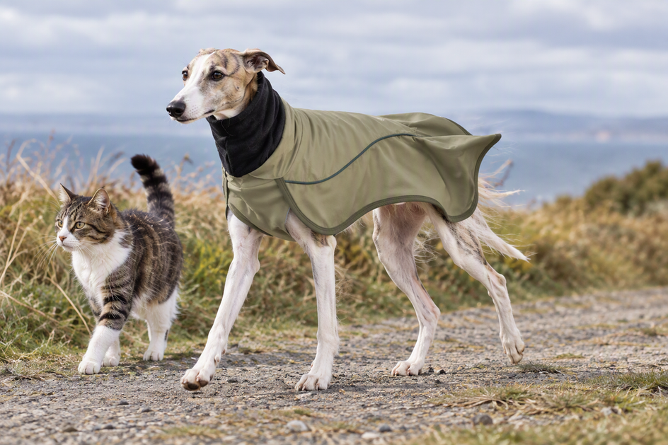 A Whippet wearing a winter coat walks outdoors in a gust of wind, with a cat nearby and the coat covering the dog's curved back.