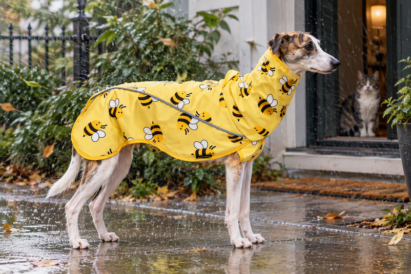Slender Whippet wearing a rain jacket on a wet sidewalk while a cat watches from a sheltered doorway