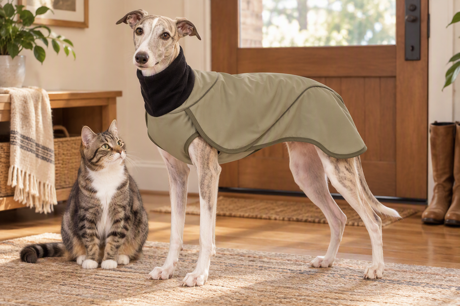 A Whippet wearing a thermal dog coat stands indoors beside a curious cat, showing the coat across the deep chest and tucked waist.
