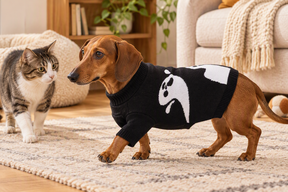 Dachshund wearing a dog sweater while moving near a curious cat in a cozy indoor play area, with both front paws clearly visible outside the garment.