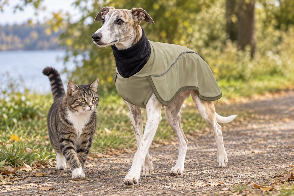 A Whippet wearing a close-fitting walking coat on a breezy outdoor path, with a cat companion nearby.
