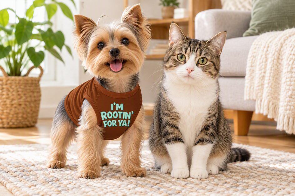 Tiny dog wearing a dog shirt beside a cat in a bright home setting.