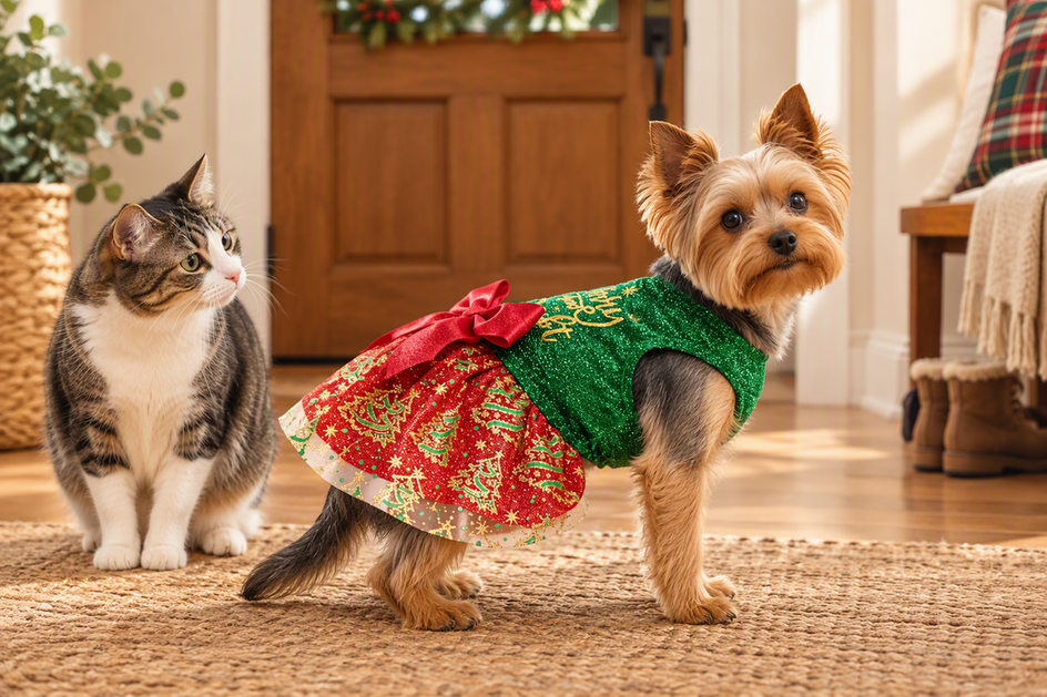 Small Yorkie wearing a festive dog dress beside a curious cat in a cozy home setting.