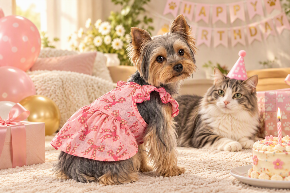 Yorkie wearing a lightweight ruffle party dress at a small celebration with a curious cat nearby.
