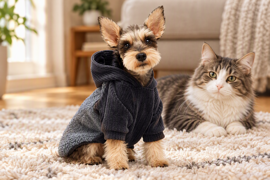 Tiny Yorkie puppy wearing a thermal hoodie indoors while a cat rests nearby on a comfortable rug.