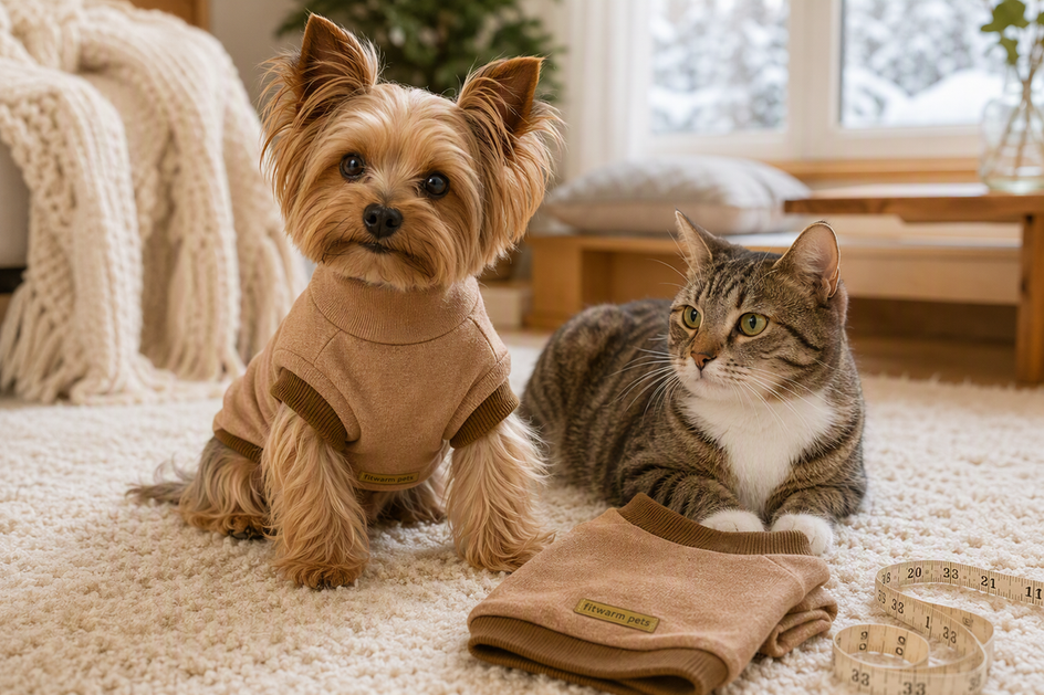 Silky-haired Yorkie wearing a dog sweater beside a cat, with a folded sweater and measuring tape nearby