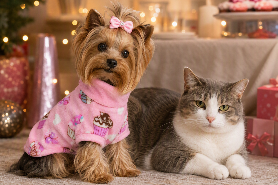 Yorkshire Terrier wearing a coordinated sweater and topknot bow beside a cat in a festive indoor setting