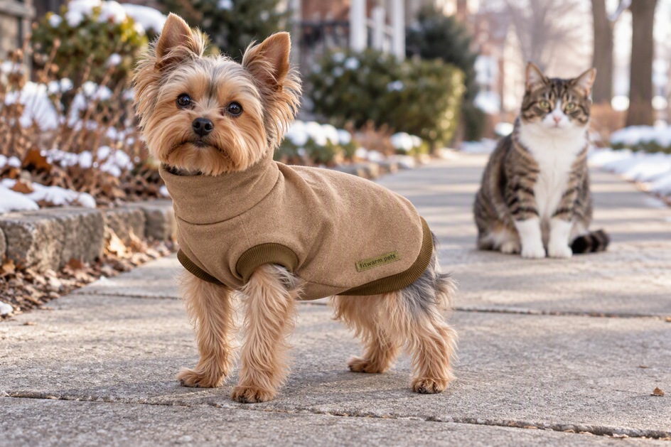 Tiny Yorkshire terrier wearing a winter fleece sweater on a dry neighborhood walk, with a cat nearby.