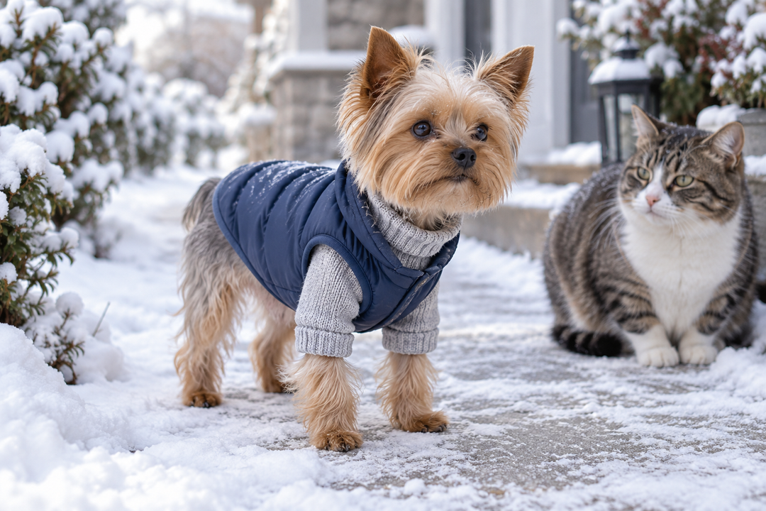 Tiny Yorkie wearing two winter layers outdoors while a cat sits nearby in a softly blurred snowy setting.