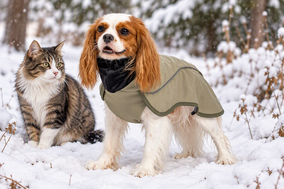 Dog wearing a winter coat with a cat sitting nearby in a bright outdoor setting.