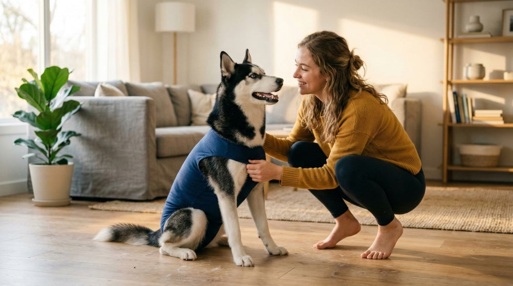 A Husky dog wearing a blue shedding suit sits in a living room while a smiling woman adjusts the garment.