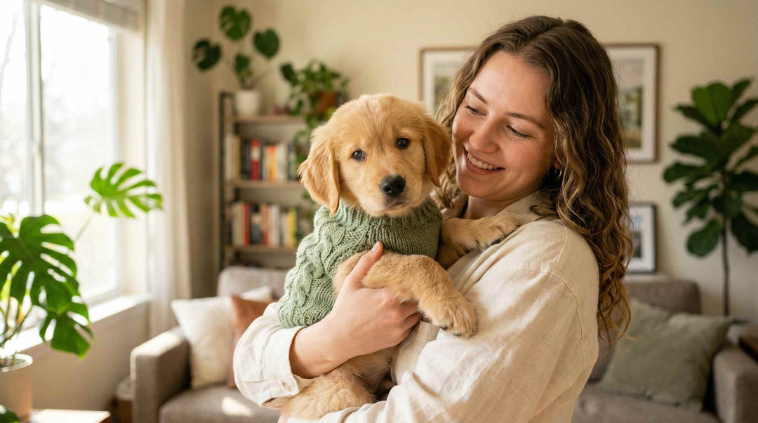 A smiling woman holding a Golden Retriever puppy wearing a sage green cable-knit sweater for National Puppy Day 2026 adoption.