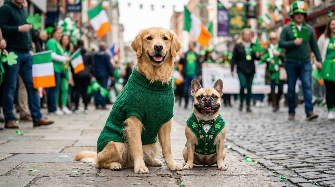 A Golden Retriever in a green sweater and a French Bulldog in a shamrock vest attend a festive street parade.