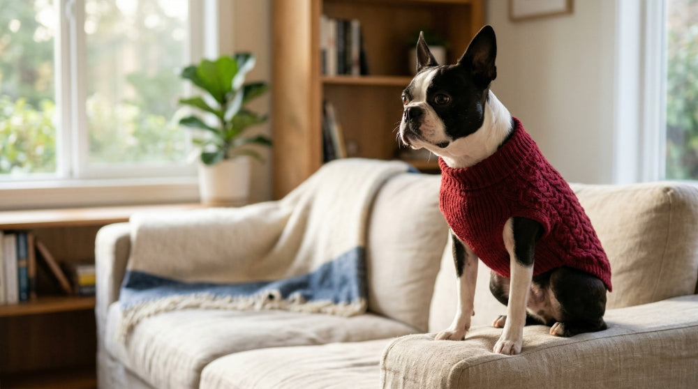 A stylish Boston Terrier wearing a cozy, textured, red cable-knit dog sweater, sitting comfortably on a light-colored living room sofa.