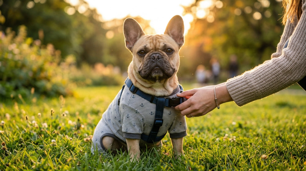 A hand adjusts the blue harness buckle over a French Bulldog wearing a charming grey and white striped tee, demonstrating the seamless integration of functional gear and style.