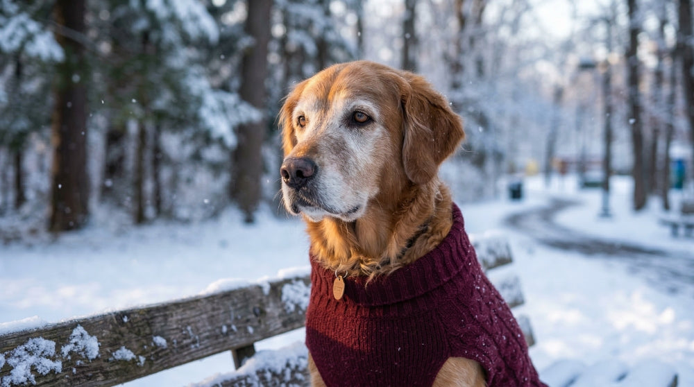 Older dog wearing a thick burgundy sweater resting on a snowy bench during winter.