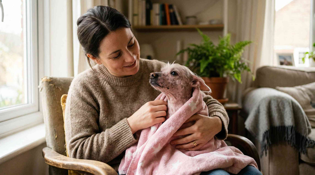 A joyful woman smiles as she dries her Chinese Crested dog, which is snugly wrapped in a pink star-patterned towel.