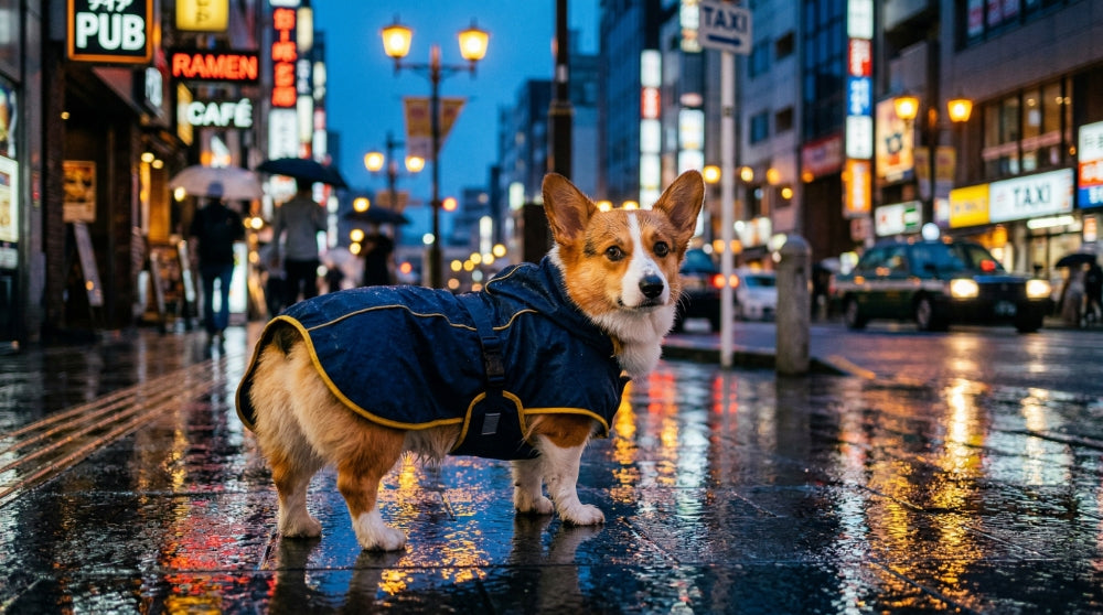 A corgi wearing a specific blue raincoat with yellow trim stands on a neon-lit, wet Japanese city street at night.