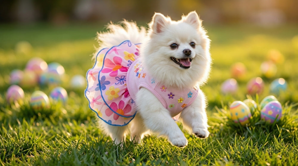 The pastel, multi-layered tulle Easter dog dress shown on a pomeranian model, with scattered colorful eggs in the background.