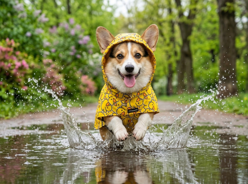 A happy Corgi wearing a yellow duck-patterned waterproof dog rain jacket splashes through a puddle during a spring walk.