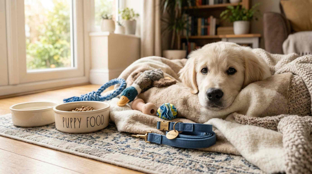 A golden puppy resting near a window with essential supplies including a food bowl, blue leash, and plush toys.