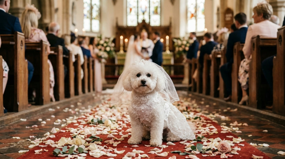 A Bichon Frise wearing a custom-made lace wedding dress and veil sits centrally on a petal-strewn church aisle.