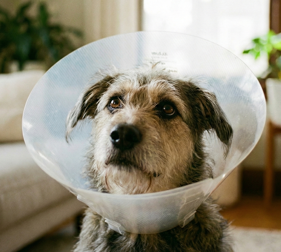 Small dog wearing a clear plastic Elizabethan collar, also known as a cone, to prevent licking after surgery.
