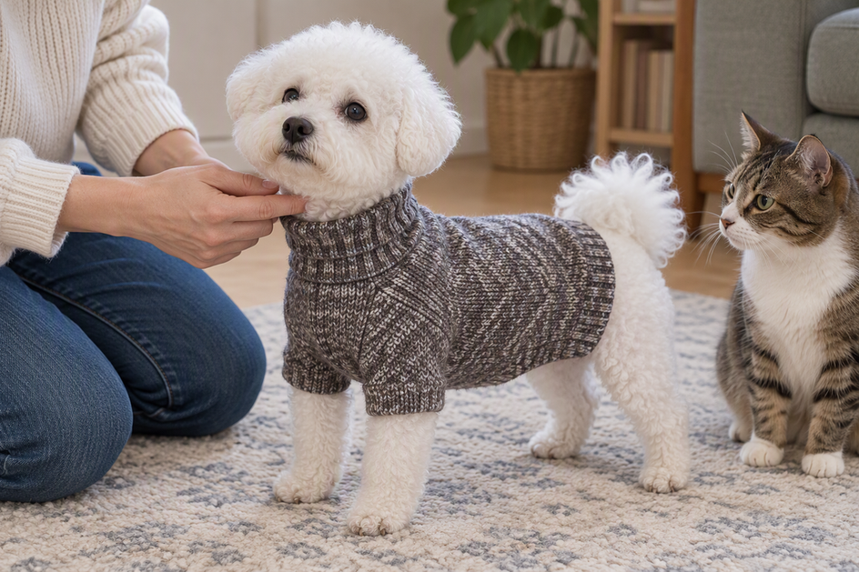 A person checks the neckline fit of a brown, gray, and off-white knitted turtleneck on a short-coated Bichon Frise, with a cat nearby.