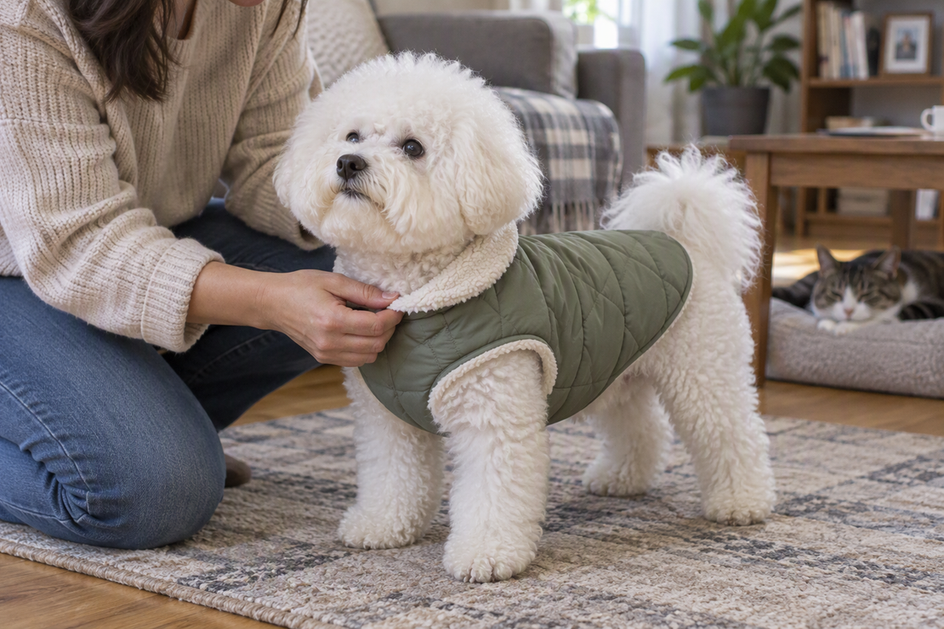 An owner checks the neckline of a dog coat on a standing Bichon Frise, with a cat resting nearby.