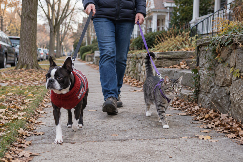 Boston Terrier wearing a sweater on a cool-weather walk beside a cat in a harness