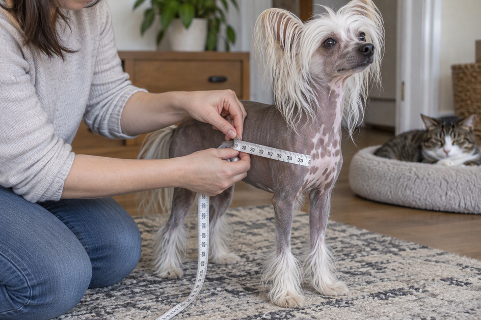 A person measures a standing Chinese Crested dog's chest while a cat rests nearby.