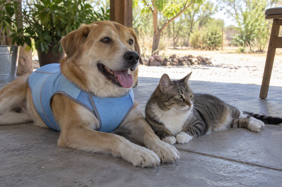 A dog in a lightweight cooling-style vest and a cat resting together in the shade on a warm patio.