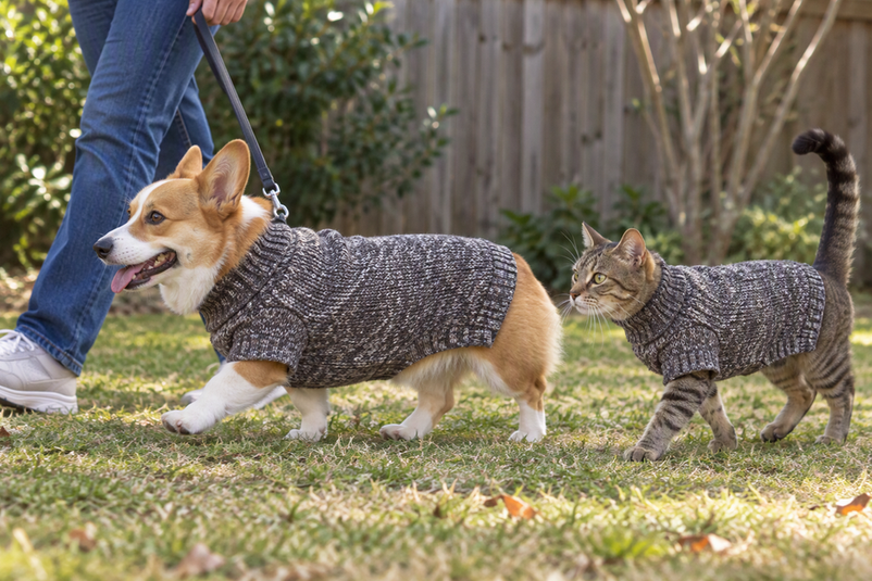 A Corgi takes a step in a brown-and-white knit turtleneck while a cat in a matching sweater walks beside it during a yard fit check.
