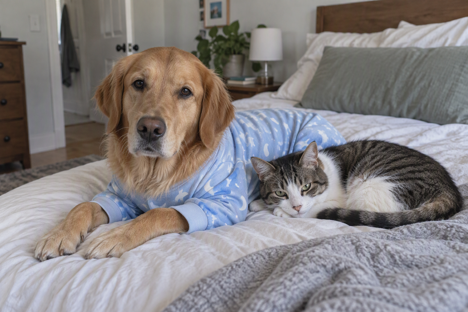 A dog in simple pajamas settles on a bed beside a cat in a bedroom.