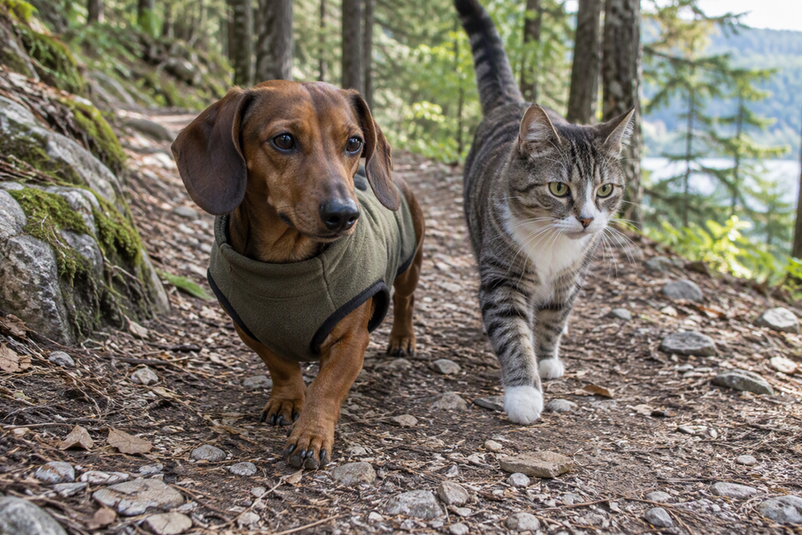 A Dachshund wearing a simple torso layer walks along a hiking trail with a cat beside it.
