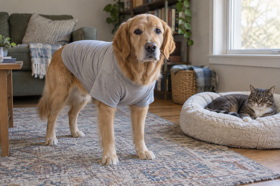 A dog in a simple shirt stands calmly in a quiet living room while a cat rests nearby.