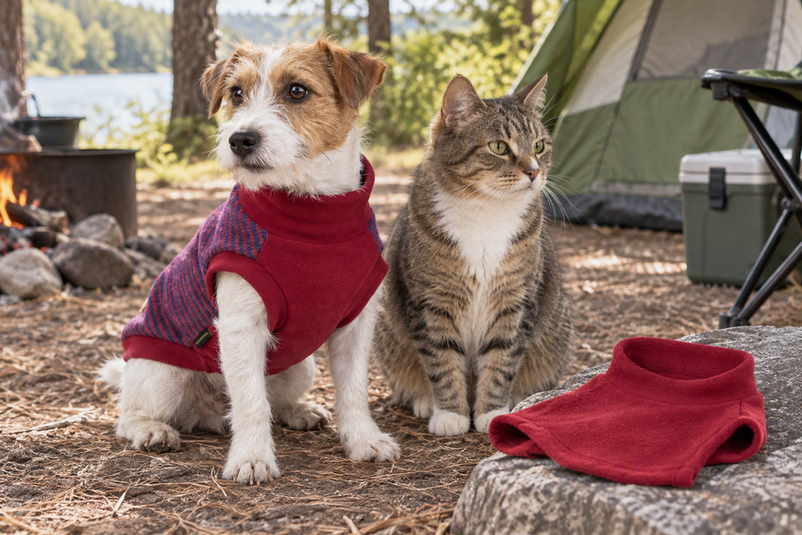 Small dog wearing a red-and-blue striped sweater sits with a cat beside a tent at a campsite.