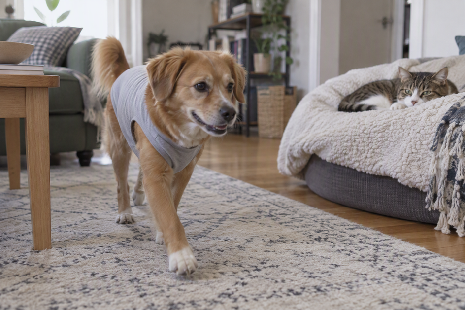 A dog in a plain sleeveless shirt walks across a living room while a cat rests nearby.