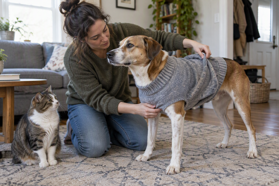 An owner checks a sweater on a dog; it clears the chest but bunches along the back. A cat sits nearby.