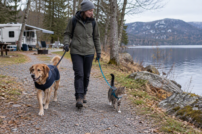 A dog wearing a coat and a harnessed cat walk with a camper along a chilly campsite path.