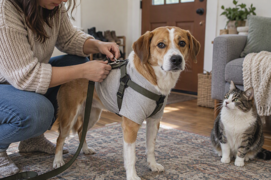 A dog in a simple shirt during a home leash-and-harness check, with a cat nearby.