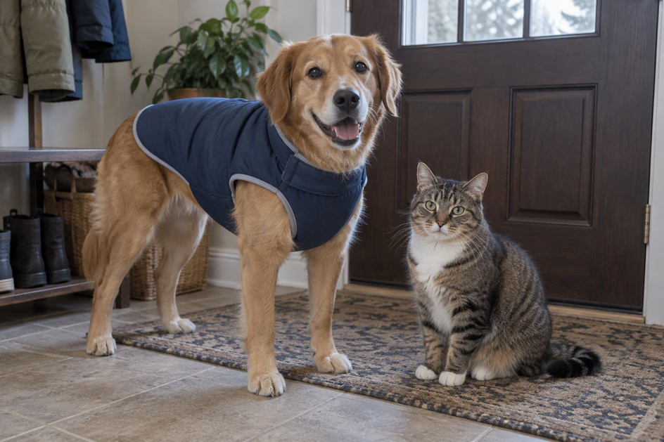 Dog in a plain jacket beside a cat at home.