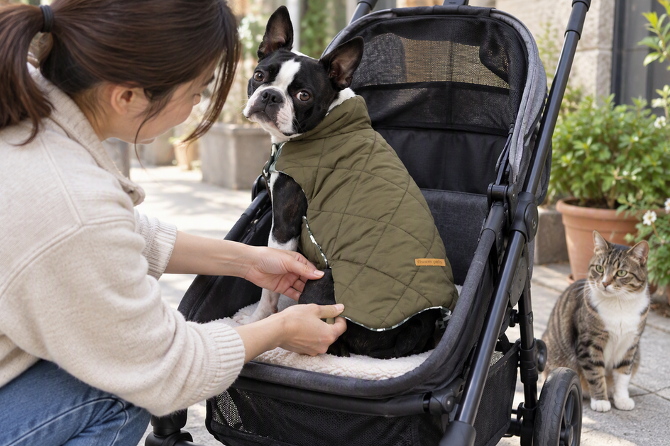 Caregiver checks a small dog's coat hem while the dog sits in a parked stroller.
