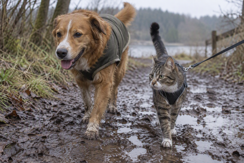 A dog wearing a jacket walks on a muddy trail beside a harnessed cat.
